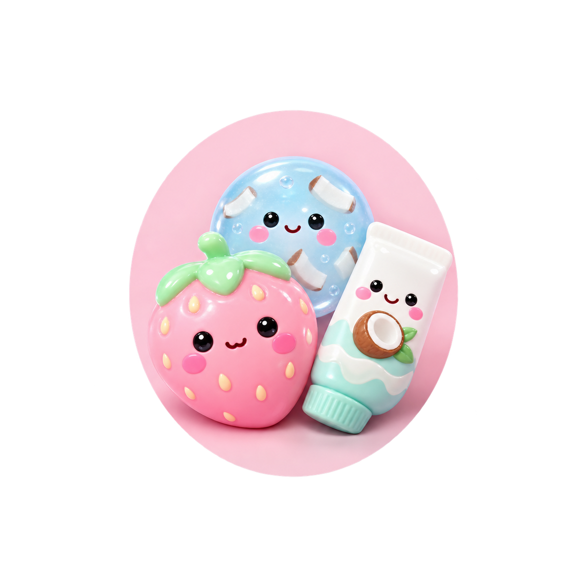Coconut oil squishy toys in a pastel pink circle