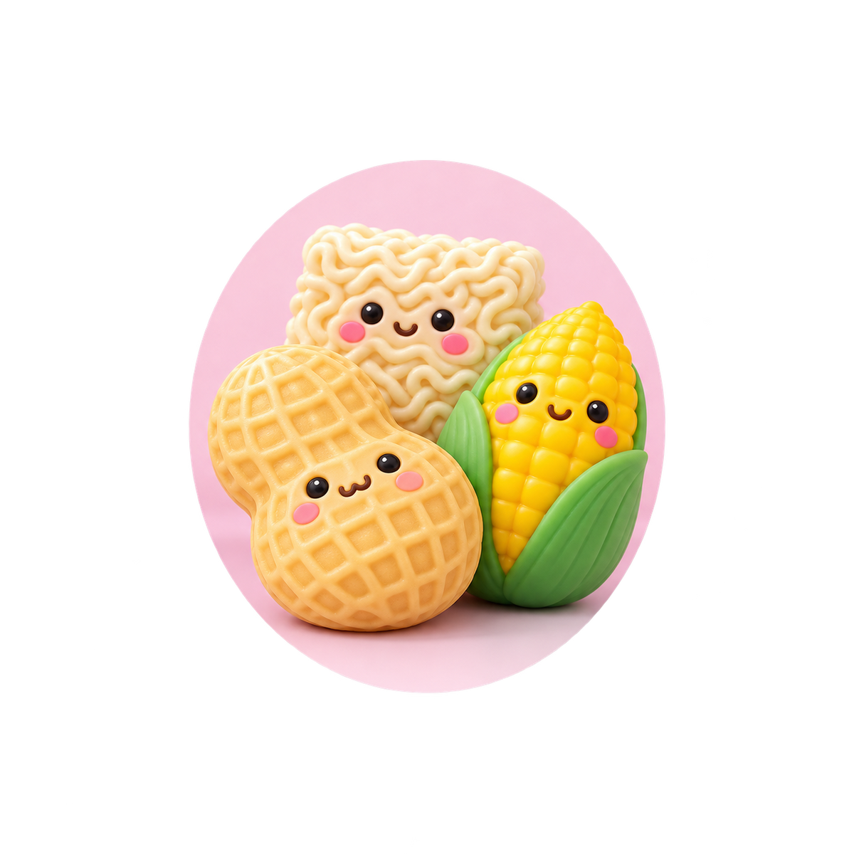 Crunchy squishy toys in a pastel pink circle