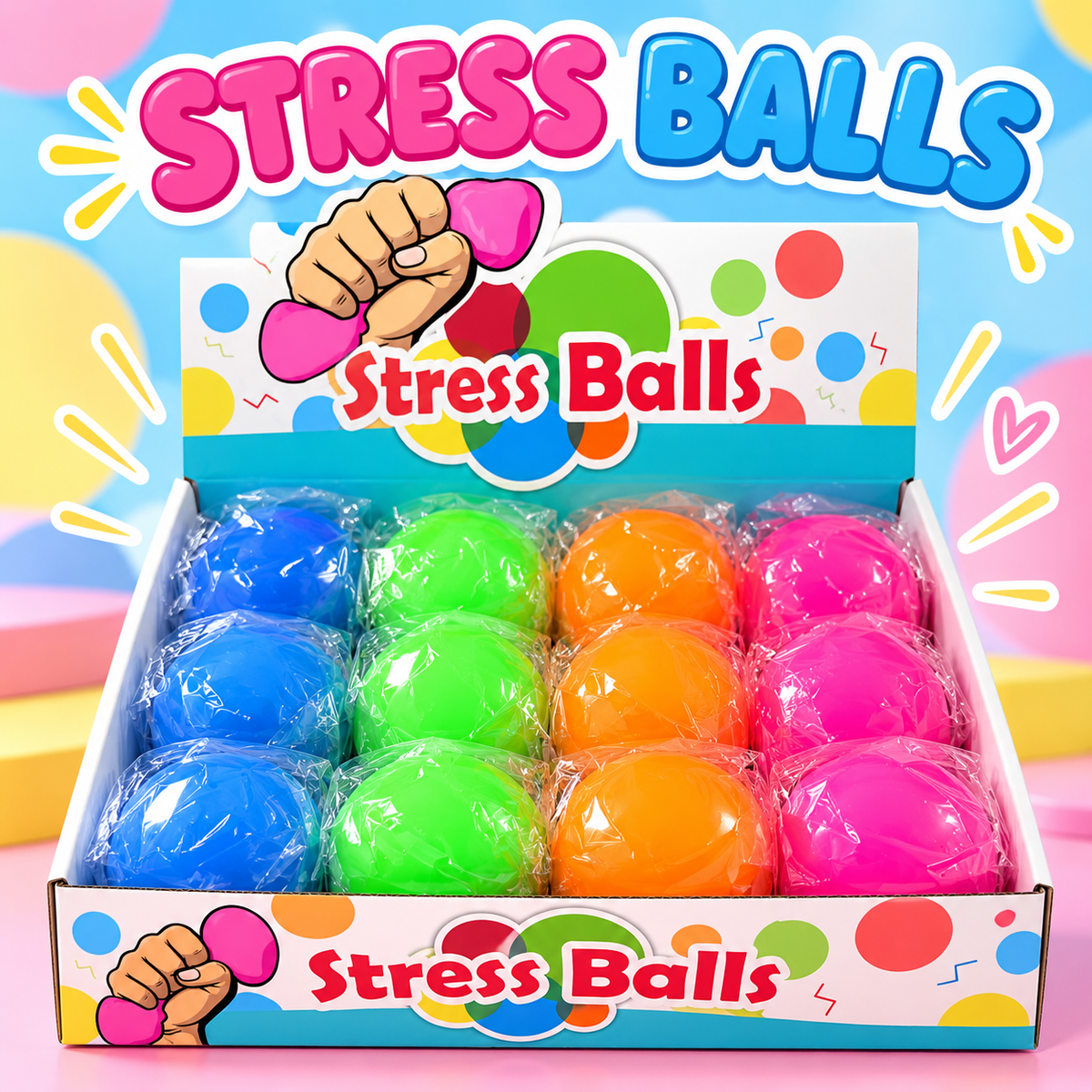 Colourful stress balls display box