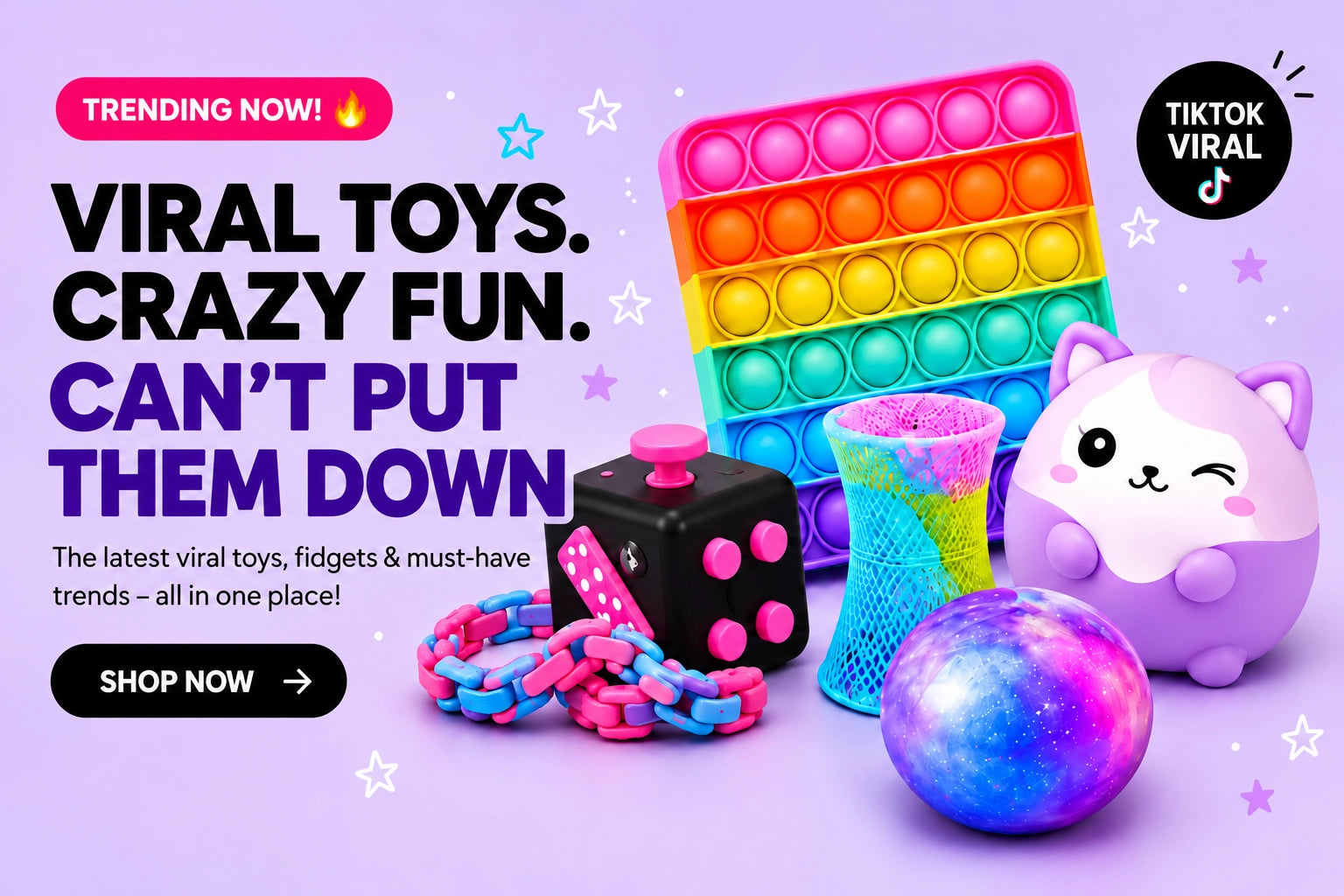 Colourful pop-it, fidget cube, chain links, mesh tube, cat squishy and galaxy ball